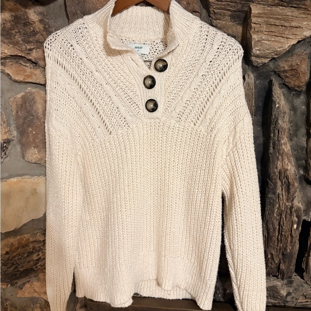 Aerie Cream Turtleneck Sweater with Button Accents